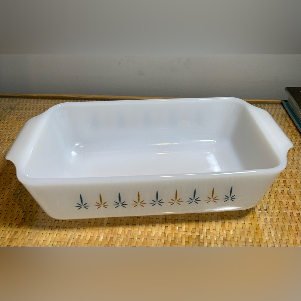 FIRE KING Milk glass Square pan 445 Candlestick 'Candle Glow' Pattern 1960s